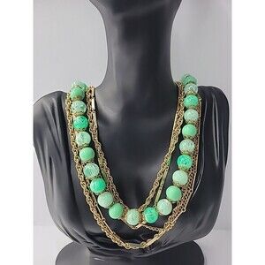 Vintage Green Beaded Gold Tone Multi Strand Necklace Layered Chains Jewelry
